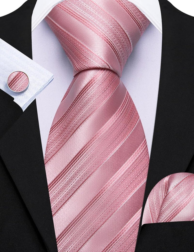 Barry.Wang Store Tie Sets for Men Silk Stripe Necktie Woven Checkered Handkerchief Cufflinks Formal Business Wedding - Image 3